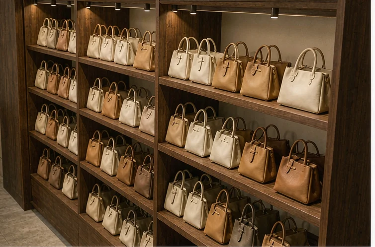 Showroom wall of private label handbag samples grouped by silhouette: tote, shoulder, crossbody, satchel, hobo and bucket on open shelving