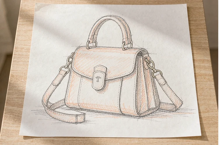 Tech pack page with a handbag dimension sketch callout for width, gusset and strap drop, beside a material, hardware and stitch density table