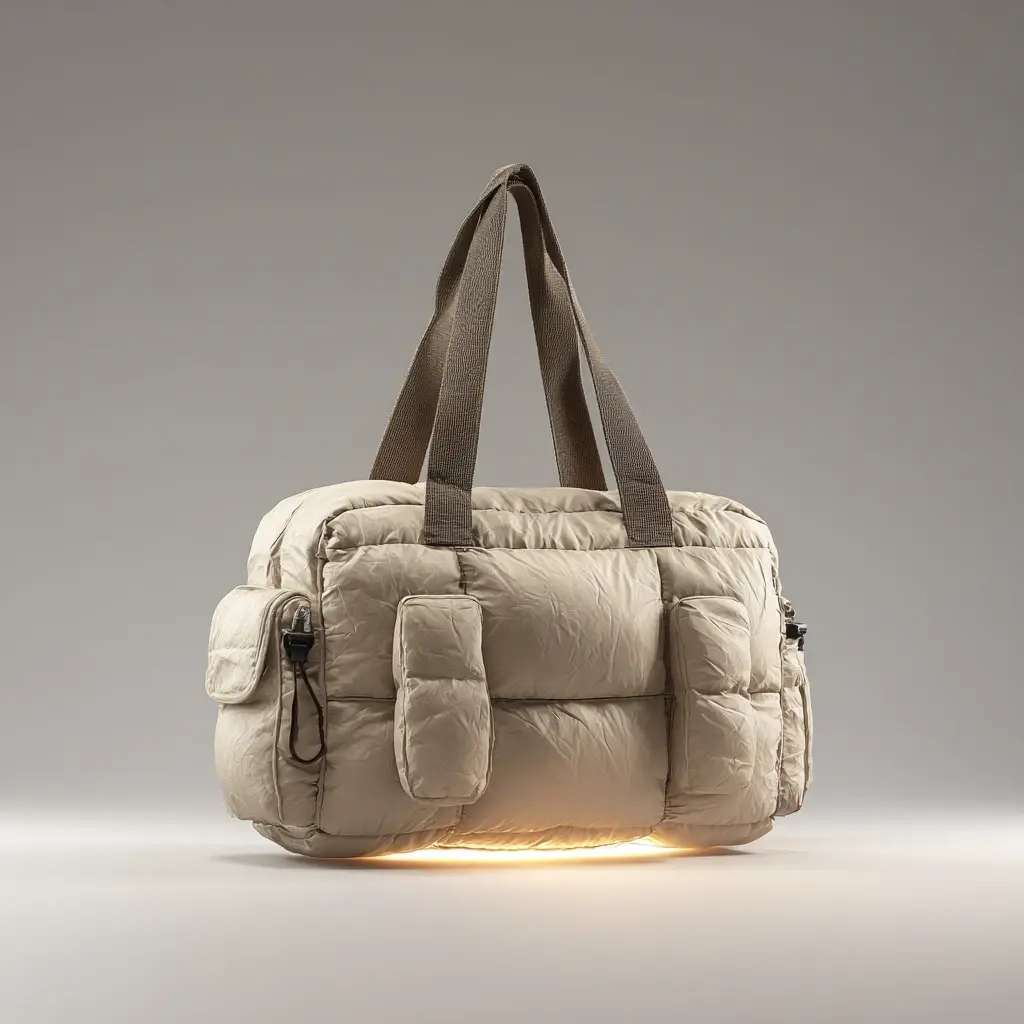 shoulder handbags from three consecutive seasons arranged on a sample room table