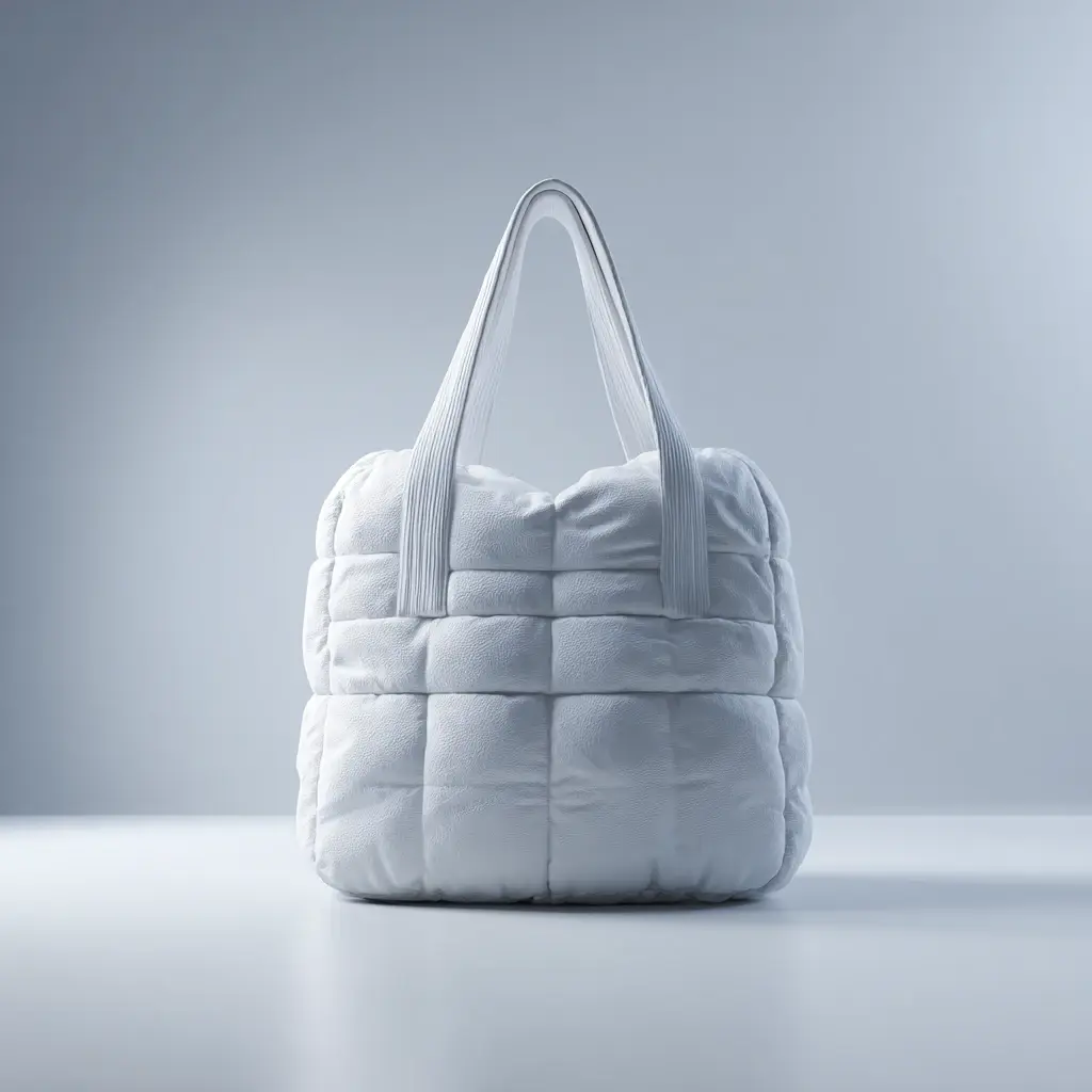 Handbag tech pack pages showing dimensioned elevation, material callouts and hardware schedule