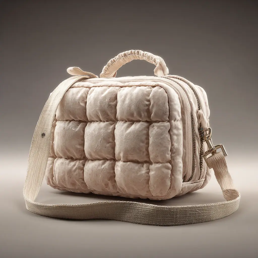 Handbag tech pack pages with dimensions, tolerances and hardware callouts on a sourcing desk