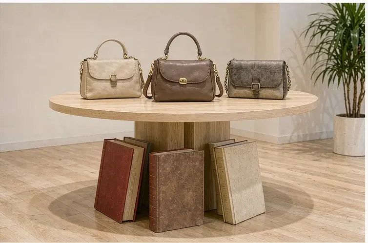 Showroom display of private label handbag styles in a coordinated colour palette for a brand capsule collection