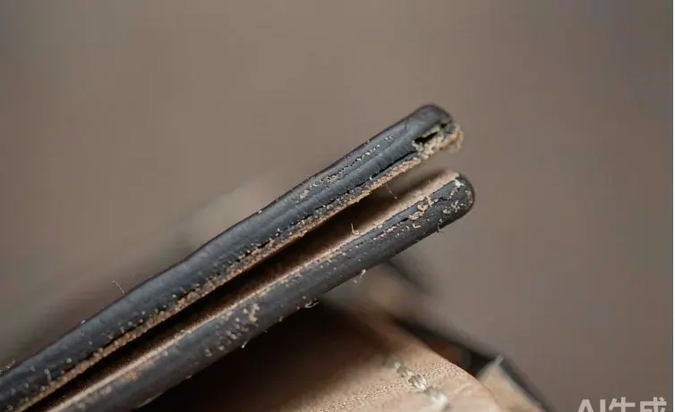 Close view of stitch density and edge finishing on a private label leather handbag seam under inspection light