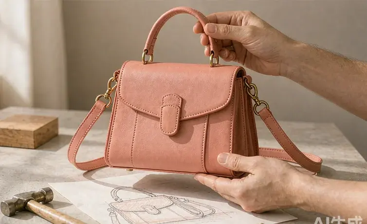 Handbag tech pack sheet showing dimensions, strap drop, stitch density and hardware references for a private label crossbody bag