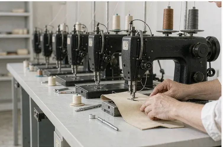 Handbag assembly line at the validated partner factory running a private label tote and crossbody programme